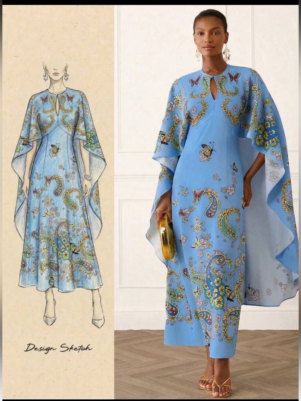 Paisley-Print Light Blue Maxi Dress with Cape Sleeves/MuuMuu Dress Butterfly